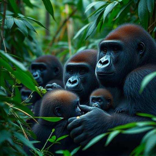 A family of gorillas in the dense forest of Bwindi Impenetrable National Park