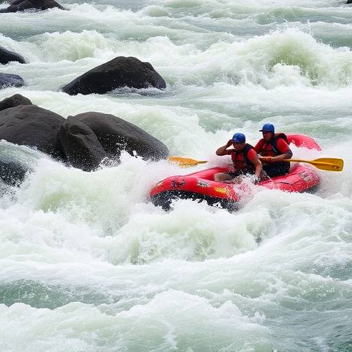 A group of people rafting down a river with strong rapids