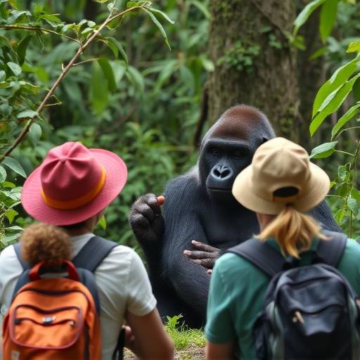 A group of tourists observing gorillas in Bwindi Impenetrable National Park during a guided trekking experience.
