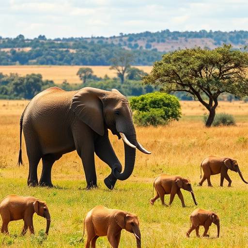 A majestic African elephant walking through the lush savanna of Queen Elizabeth National Park.