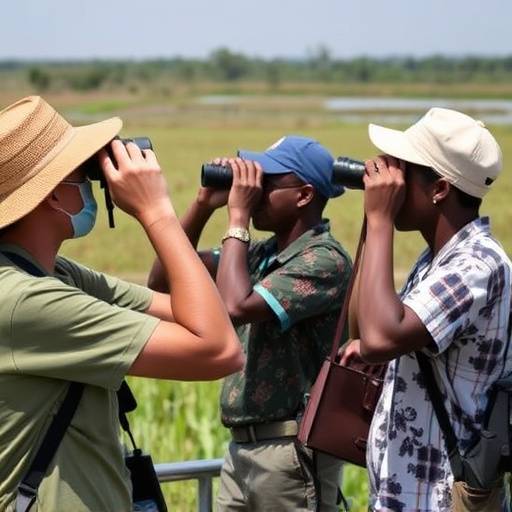 Birdwatchers with binoculars observing birds in Mabamba Swamp