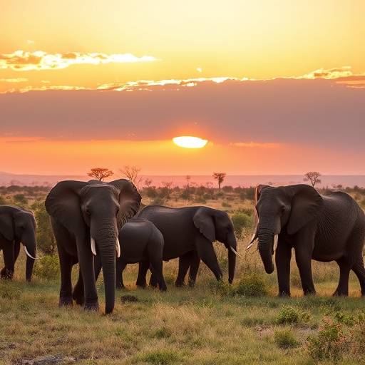 Elephants grazing on the open savanna in Queen Elizabeth National Park at sunset