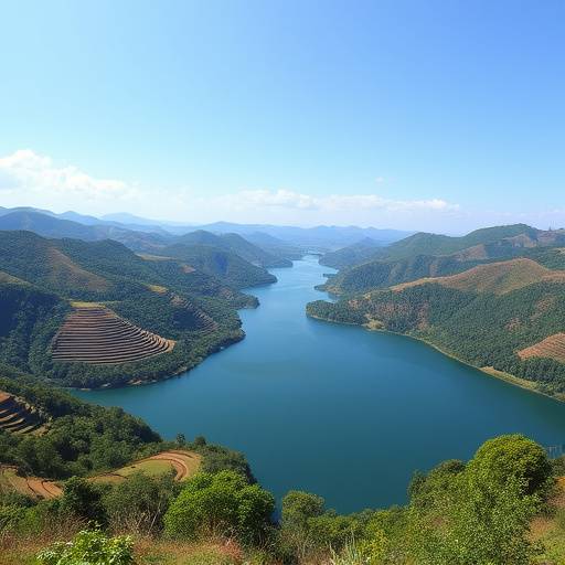 Scenic view of Lake Bunyonyi with terraced hills in the background