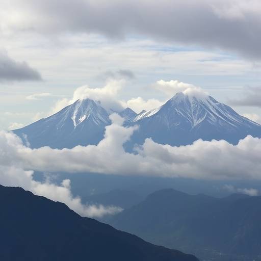 The snow-capped peaks of the Rwenzori Mountains rising above the clouds