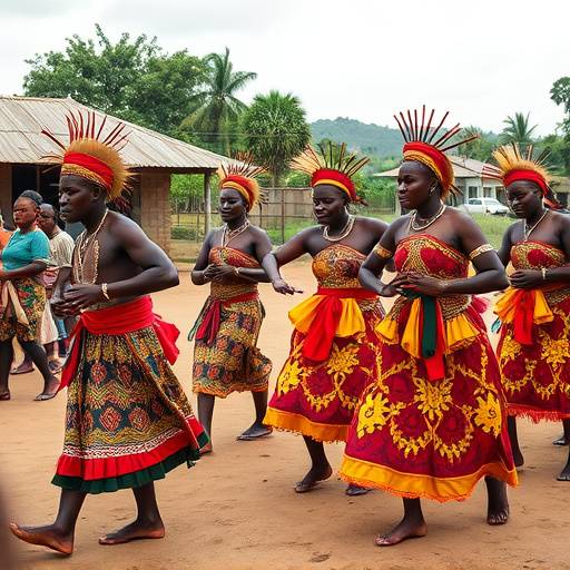 Traditional dancers performing in a village setting in Uganda